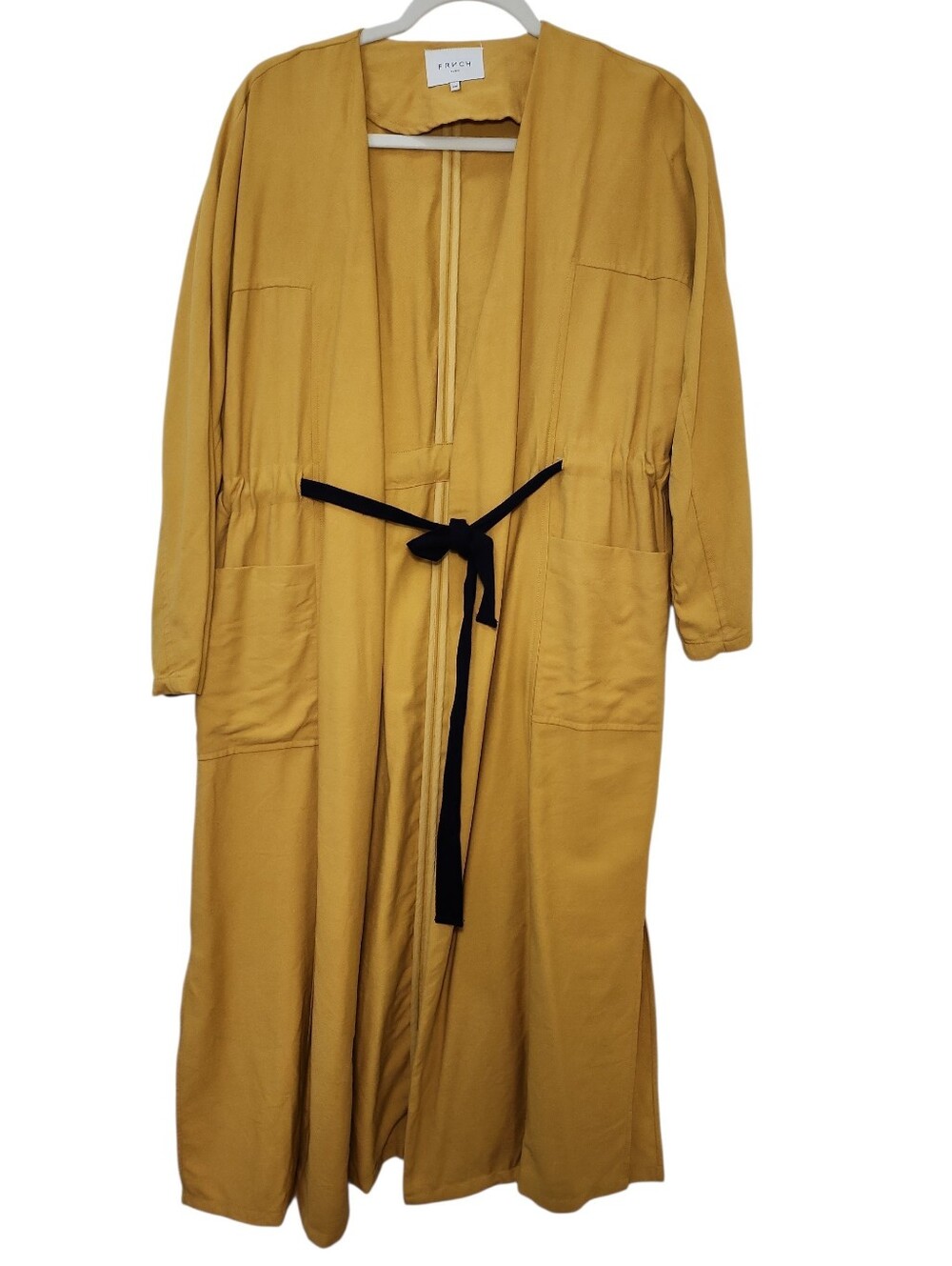 FRNCH PARIS Mustard Yellow Long Sleeve Open Front Blazer Black Tie Size S/M
